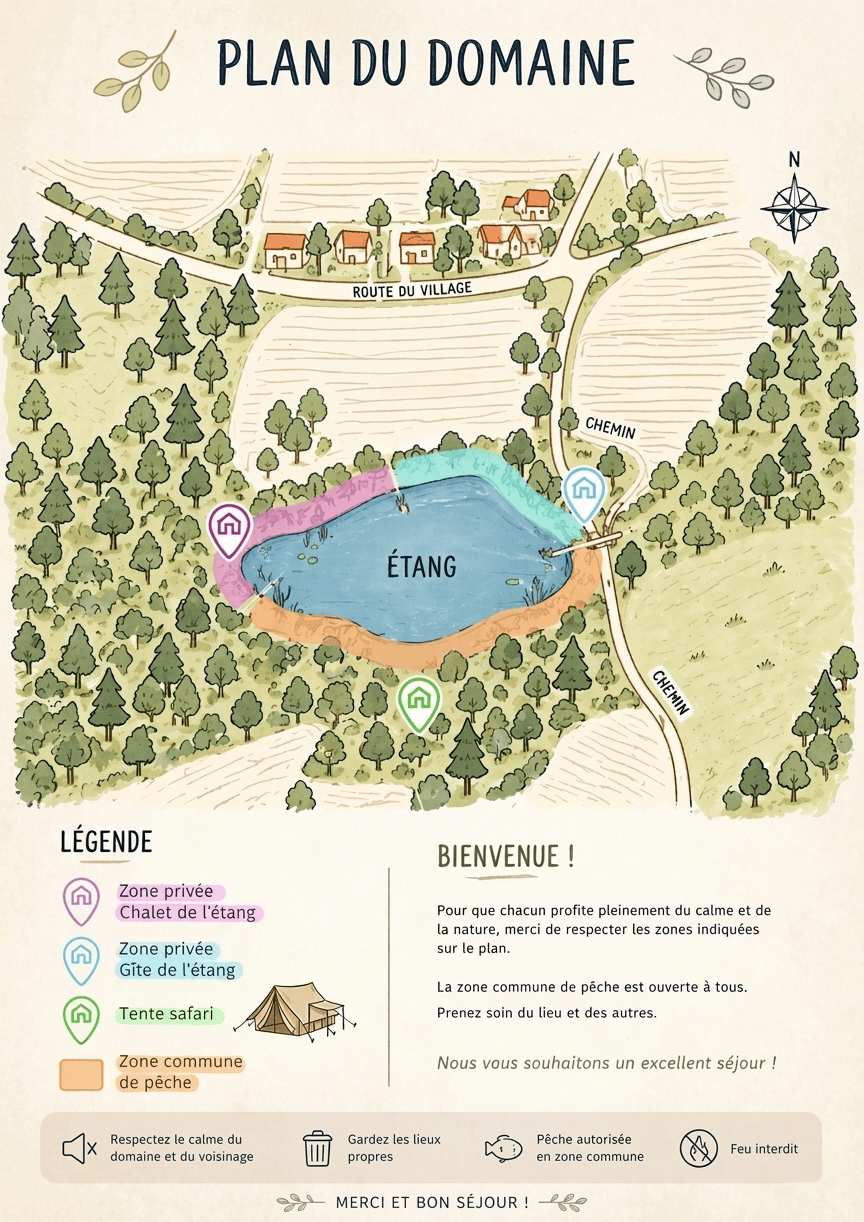 Plan schématique du domaine du Gîte de l'Étang — 5 hectares avec étang, hébergements et zones de pêche